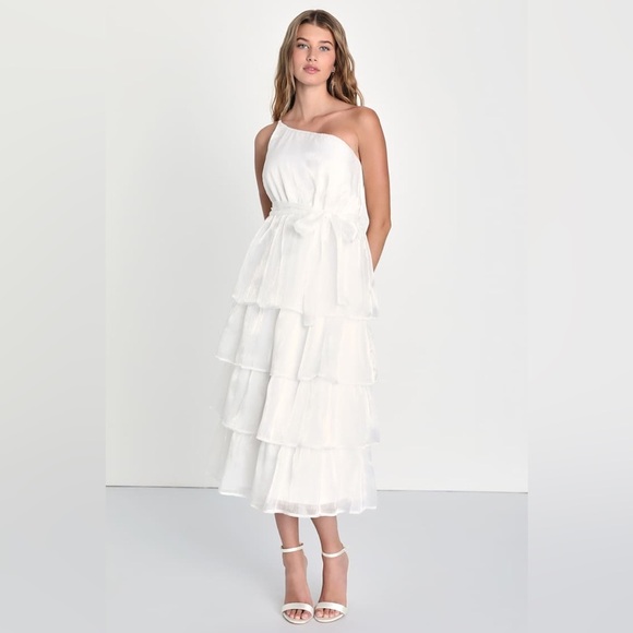Dresses & Skirts - Sweetest Success White Organza Tiered One-Shoulder Midi Dress by Lulus. NWT!